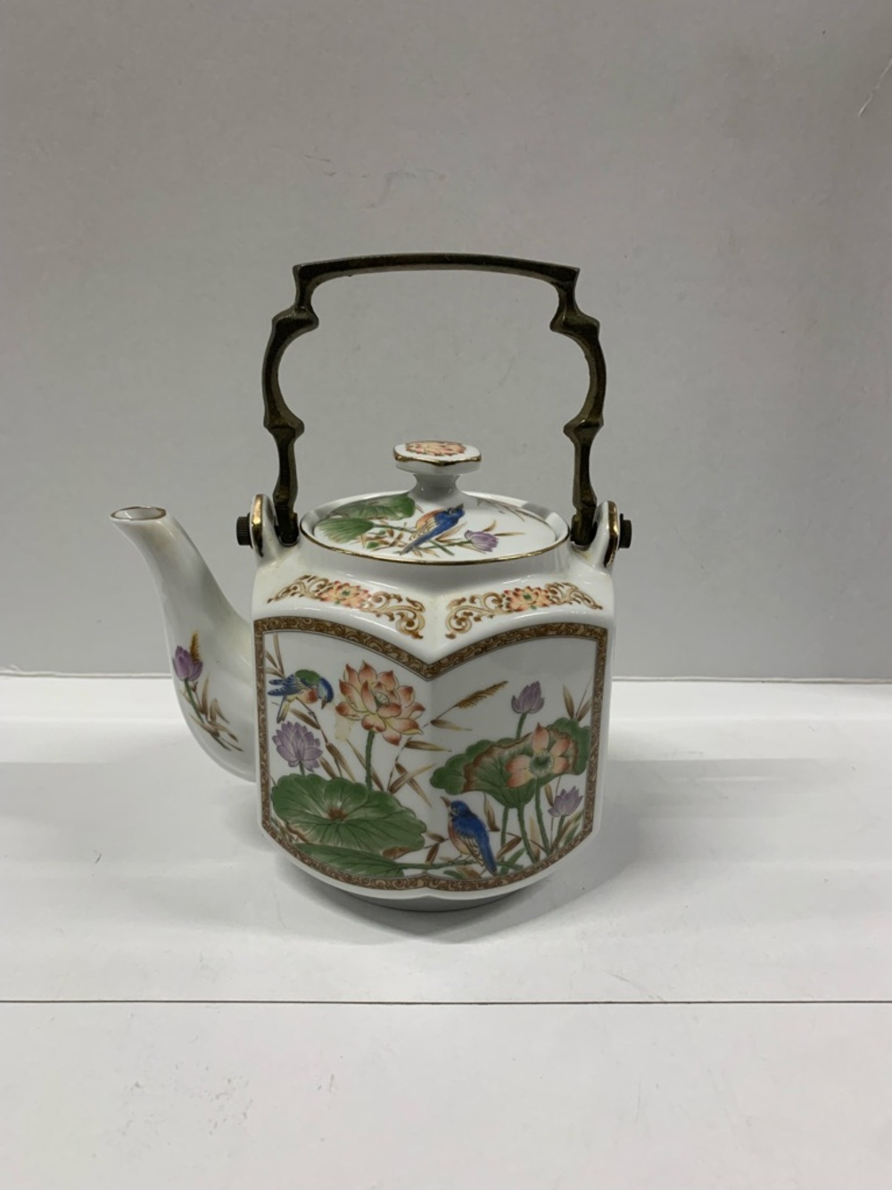 Porcelain Floral & Bird Teapot with Brass Handle - White